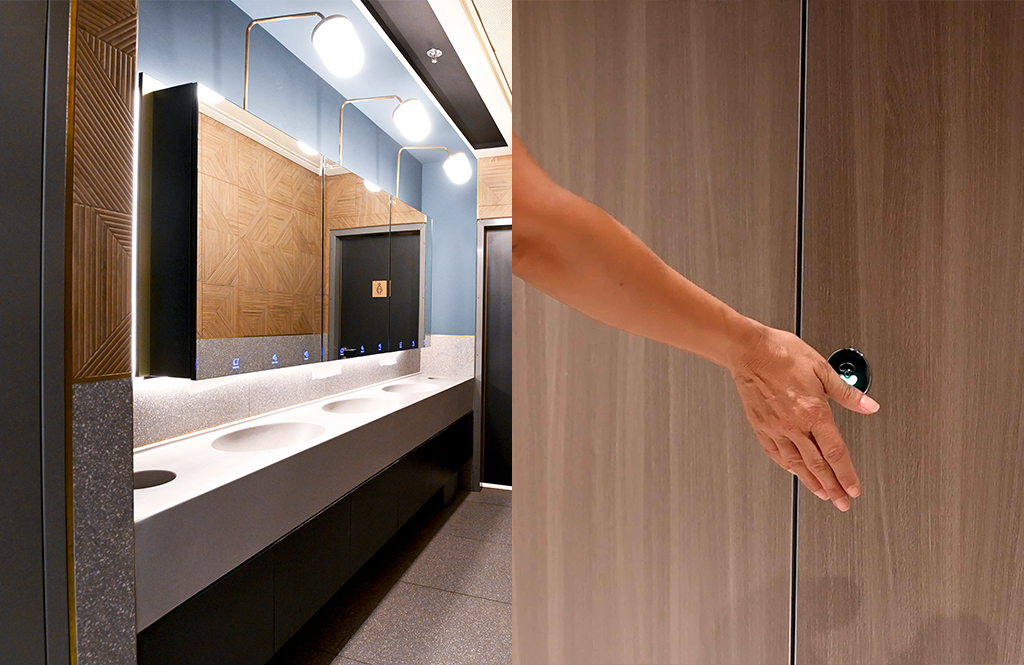 Touchless commercial restrooms with leading-edge hands-free solutions for 2024 WC partitions and Innovations behind the mirror